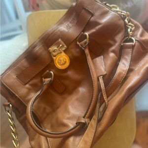 MICHAEL Michael Kors Brown Tote with Gold Chain Details